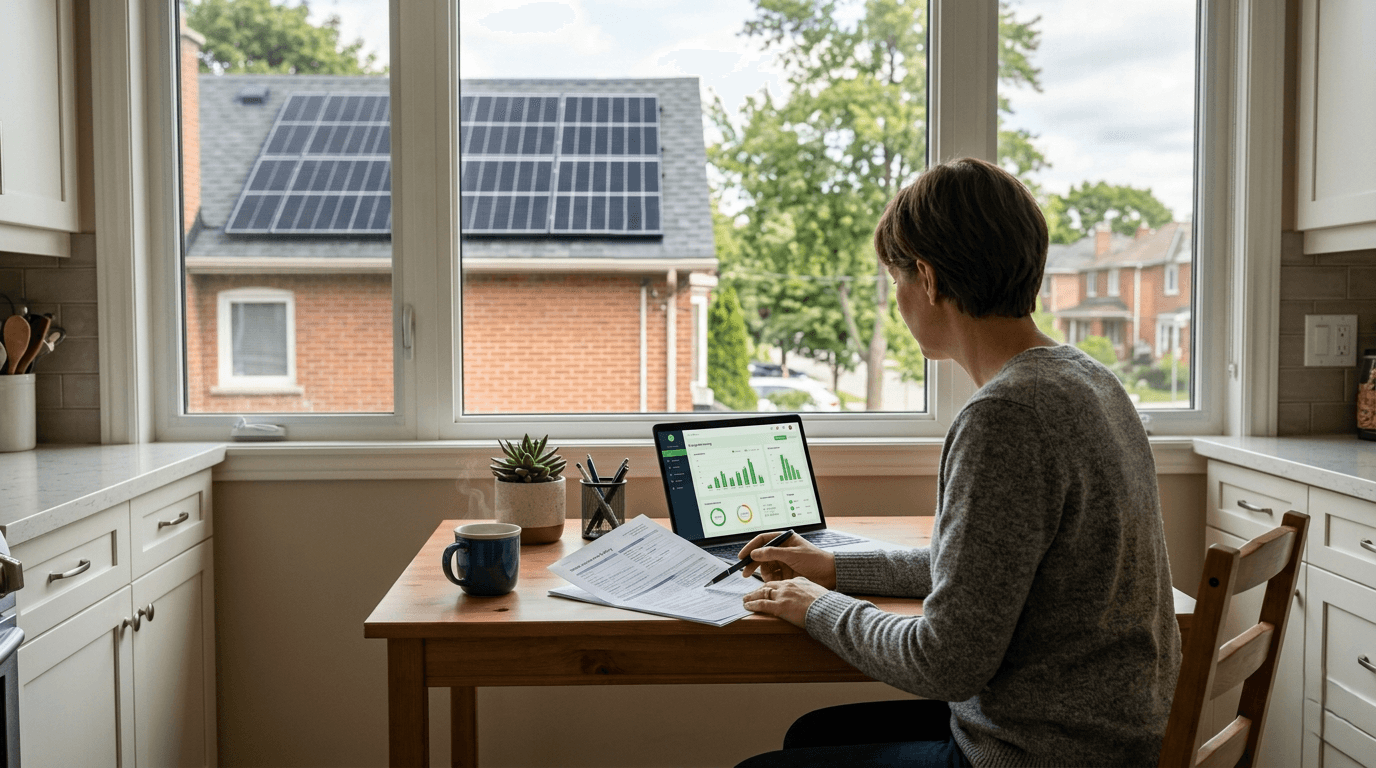 Ontario homeowner reviewing home insurance documents with solar panels on the roof, illustrating the dwelling coverage update required before solar installation