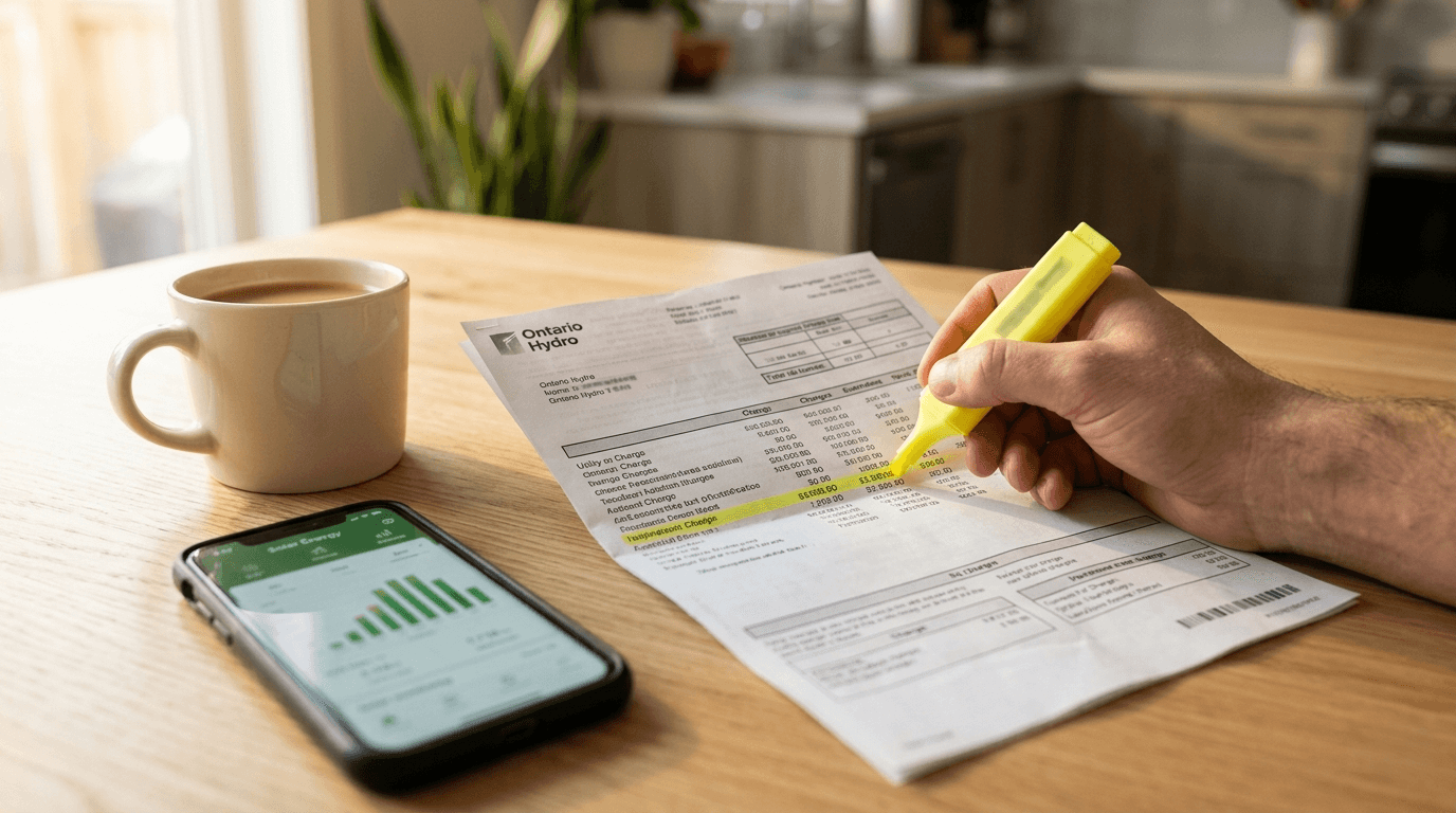 A 2026 Ontario hydro bill with line items annotated, illustrating electricity, delivery, regulatory charges, OER credit, and HST