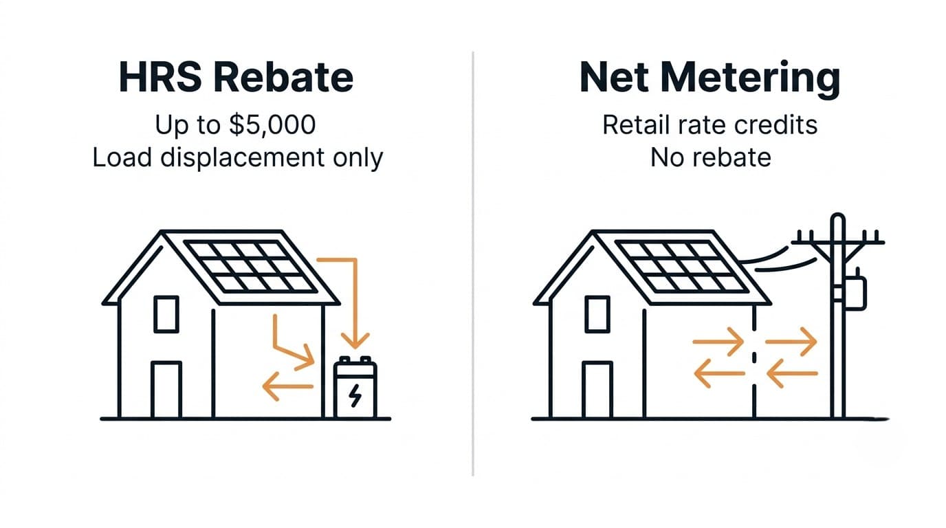 Side by side comparison of the Ontario HRS rebate path and the net metering path