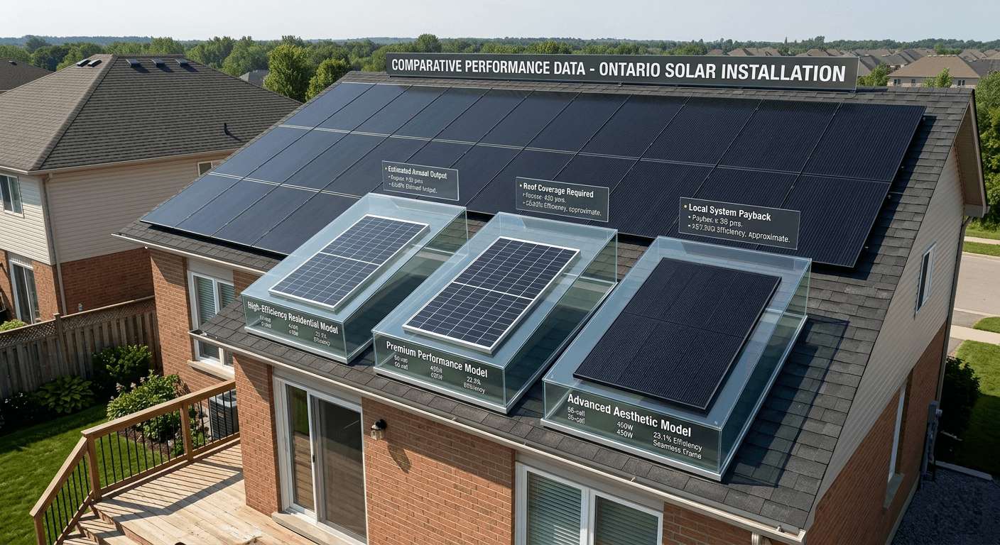 Solar panel comparison for Ontario homes — Trina Vertex S+, LONGi Hi-MO X6, JA Solar DeepBlue 4.0 Pro, and Canadian Solar TOPHiKu6 Tier 1 residential solar panels