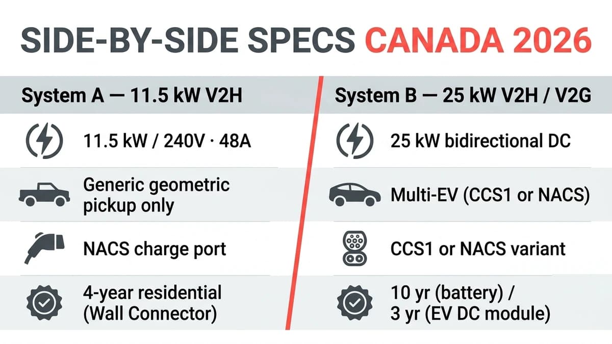 Side-by-side spec comparison showing System A (Tesla Powershare 11.5 kW, Cybertruck only, NACS, 4-year warranty) versus System B (Sigenergy 25 kW bidirectional DC, multi-EV CCS1 or NACS, 10 yr battery warranty, 3 yr EV DC module warranty)