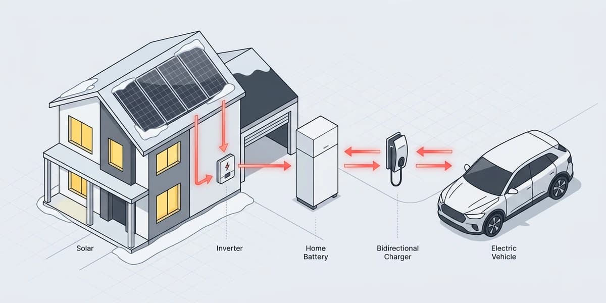Isometric diagram of a Canadian home showing solar panels, home battery, bidirectional EV charger, and electric vehicle with bidirectional red arrows indicating V2H energy flow