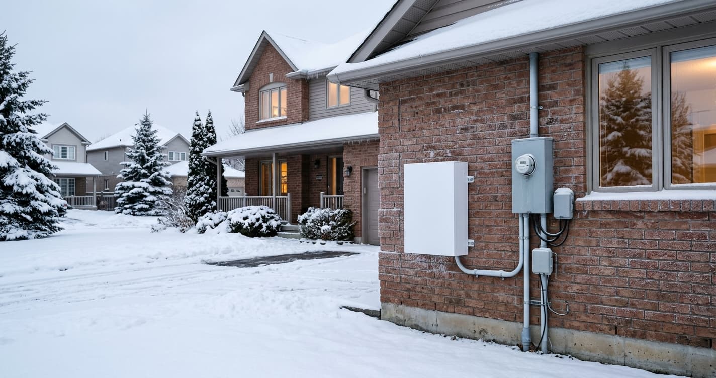 Wall mounted home battery on the exterior brick wall of a Canadian house in winter with snow on the ground