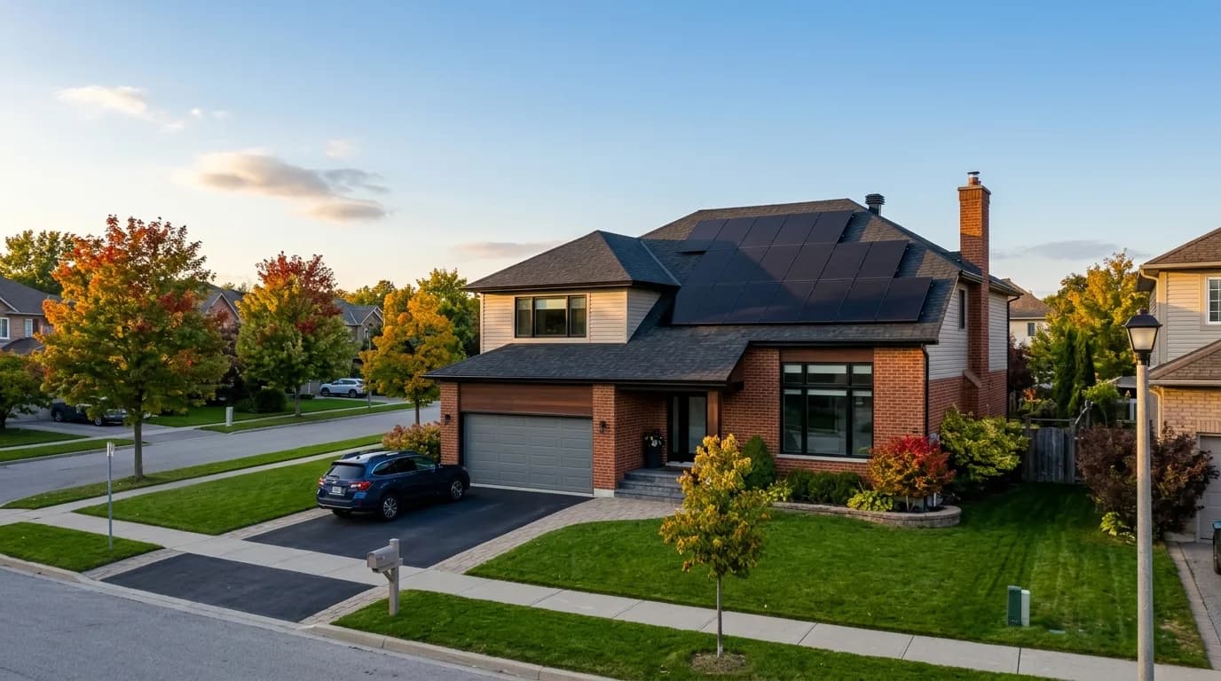 Ontario home with all black back contact (ABC) solar panels on the roof in autumn