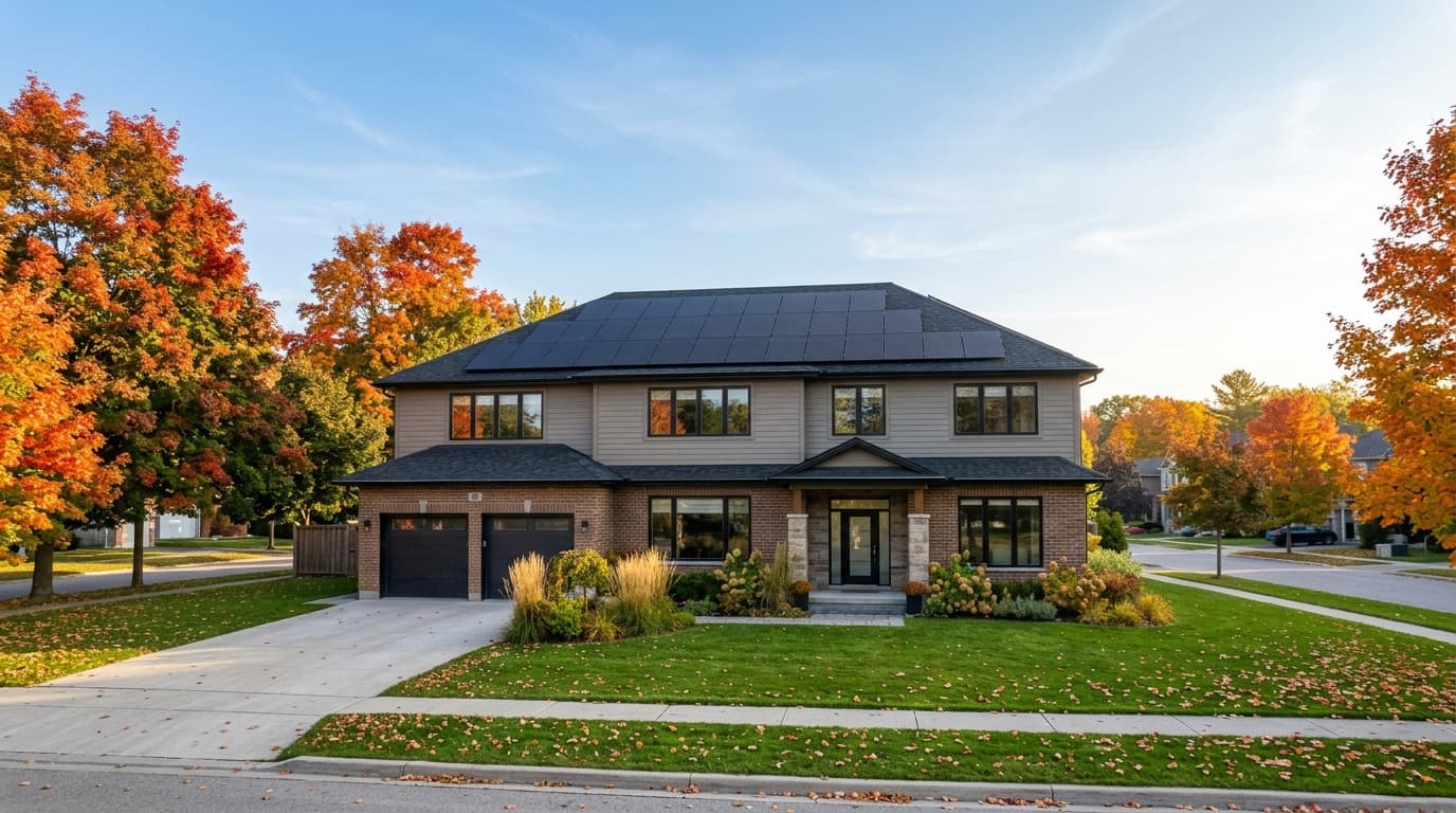 Rooftop solar panel installation on an Ontario home in early fall