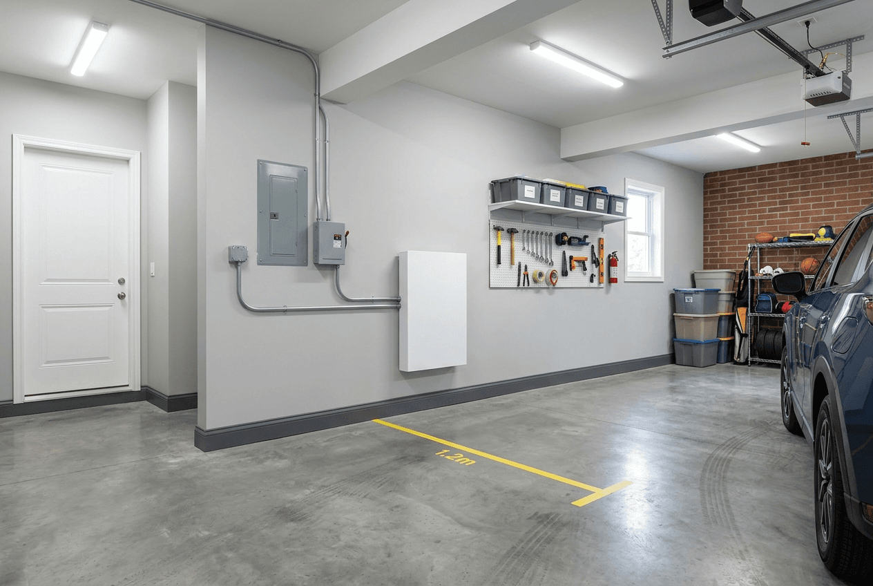 Home battery mounted on the interior wall of an attached garage in an Ontario home