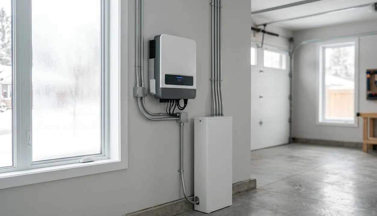 Wall-mounted hybrid solar inverter next to home battery storage in an Ontario garage, with rooftop microinverter alternative shown