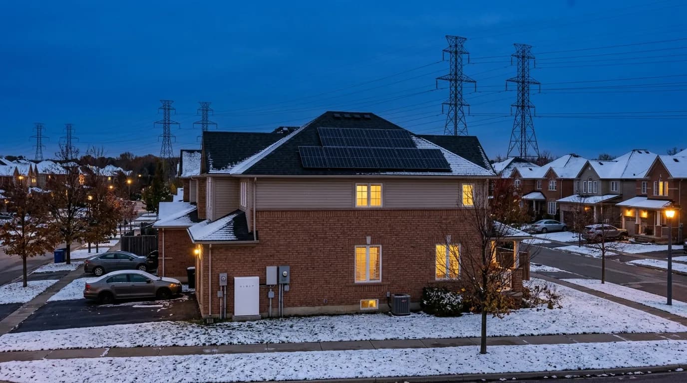 Ontario home with rooftop solar panels and a wall-mounted battery at dusk in early November, with transmission lines in the background