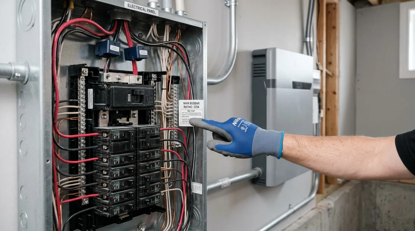 Gloved hand pointing to the busbar rating label inside a residential electrical panel with a 200 A main breaker and current sensors on the service wires, with a home battery mounted beside it