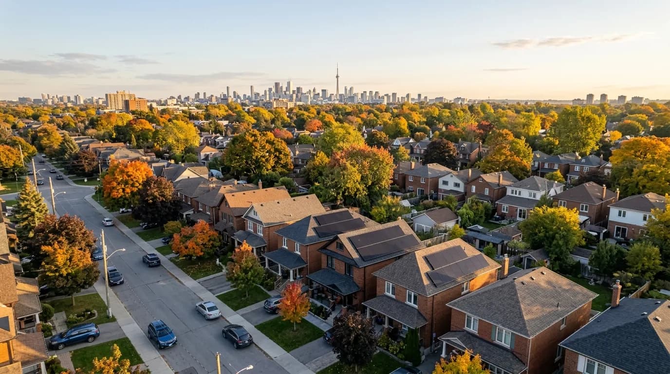 Aerial view of a Toronto neighbourhood in autumn with solar panels on home rooftops and the CN Tower on the skyline