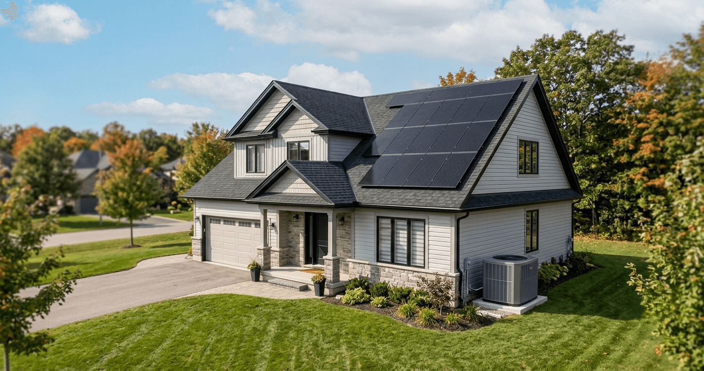 Solar panels on an Ontario home roof with a cold-climate heat pump unit installed beside the house