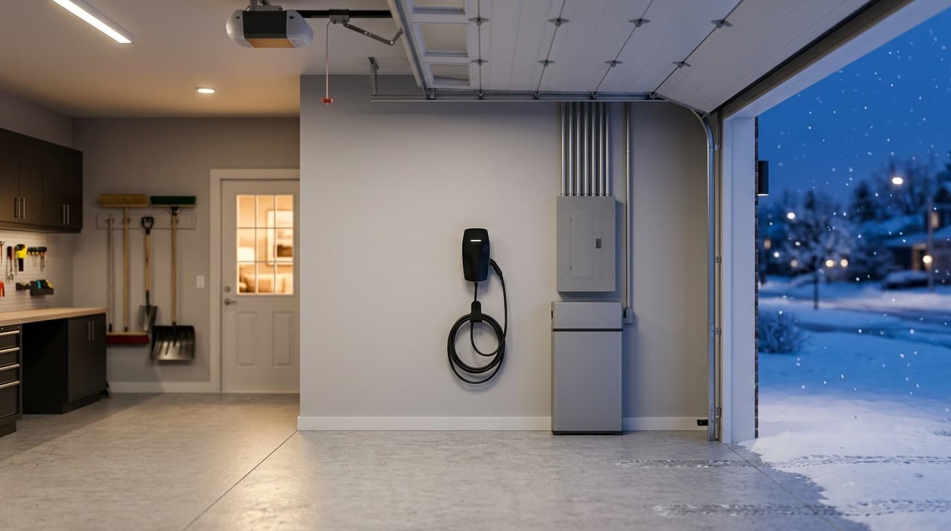 Electric vehicle parked in a Canadian home garage beside a wall mounted home energy system
