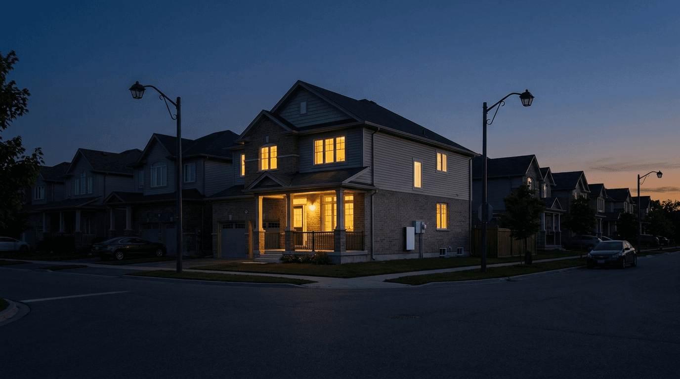 Home battery system and whole home disconnect installed beside the electrical meter of an Ontario house