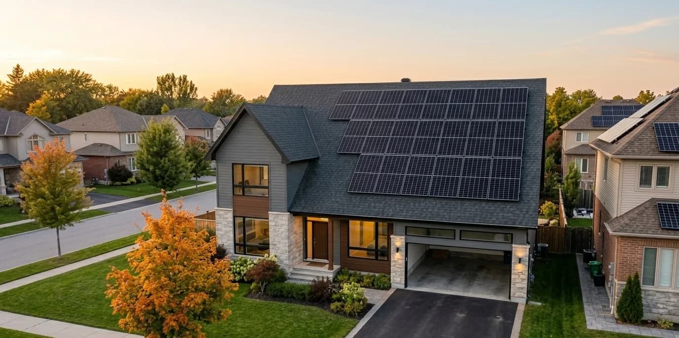 Ontario residential home with rooftop solar at sunset - OEB forecast projects 71% wholesale electricity price increase from late 2025 to late 2026